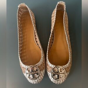 Tory Burch Braided Metallic Tan and Silver Logo Ballet Flats